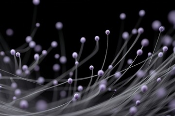 Poster - Abstract representation of delicate purple strands and spheres on a dark background showcasing fluid motion and beauty