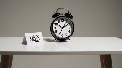 Poster - Vintage black alarm clock ticking intensely near tax time sign, highlighting mounting financial deadline pressure against minimalist gray and white setting