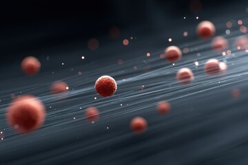 Fototapete - Microscopic view of red particles moving through a dark, abstract space showing dynamic motion and depth