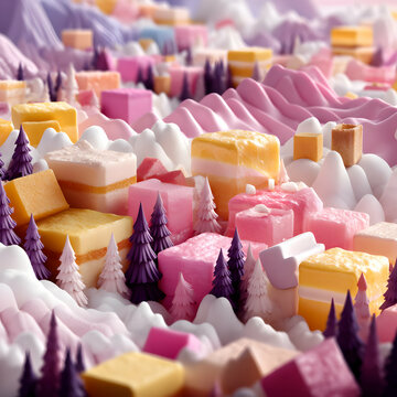 Whimsical Pastel Candy Village in Snowy Mountains