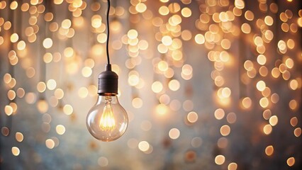 Aufkleber - Illuminated Ideas A Single Hanging Light Bulb Glows Brightly Against a Shimmering Background of Soft, Warm Lights.