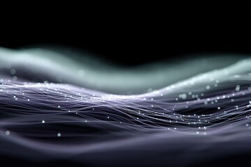 Fototapete - Digital waves create an ethereal atmosphere with flowing lines and glowing particles in a dark background