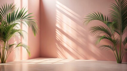 Aufkleber - Serene Pink Room Corner with Two Lush Palm Plants Bathed in Sunlight