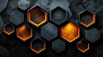 Poster - Glowing Hexagon Pattern: Abstract Dark and Orange Industrial Design