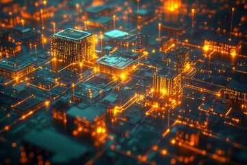 Poster - Modern cityscape illuminated with glowing circuits at night in a digital world