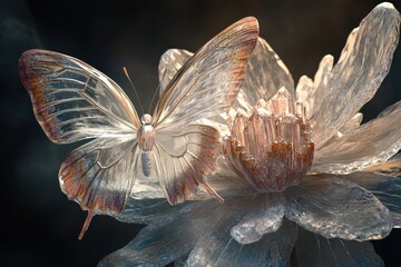 Poster - Crystal butterfly rests gracefully on a translucent flower in an ethereal setting