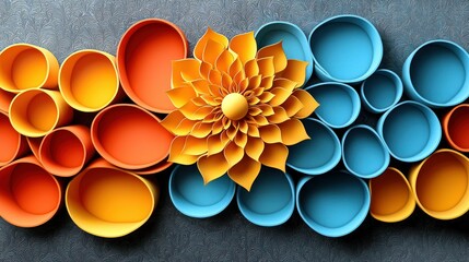 Poster - Vibrant Paper Flower and Circular Forms: A Colorful Abstract Composition