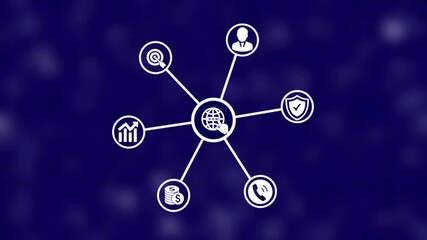 Animation of network of connections with people icons with glowing spots Social Network Growing Connections selecting one individual from the group moves up and surrounded by business icons