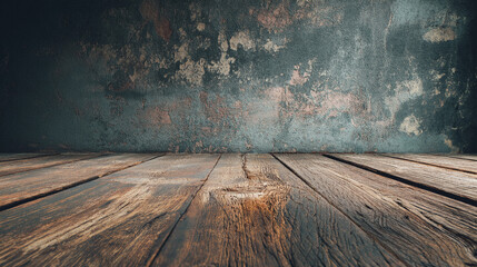 Poster - Rustic wooden floor against a textured, gray wall background, showcasing a blank space ideal for product placement or text overlay, creating a vintage or industrial feel