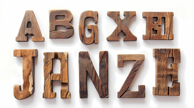 A style sheet with the alphabet in wooden letters, illustrated style, on a white background, Generative AI illustrations. 
