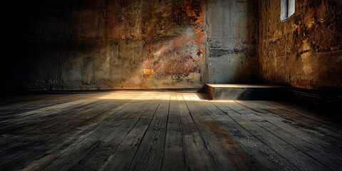 Aufkleber - Sunlit wooden floor and aged wall in a dark room, showcasing a simple platform, ideal for product display or moody background