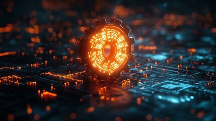 A glowing cog, composed of binary code, stands in a dark, digital world.