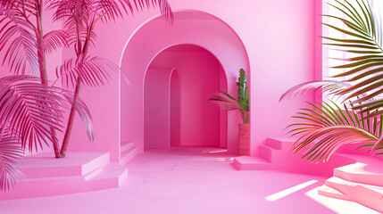Poster - Pink background stage podium display, creating a vibrant and elegant setting for presentations and events.

