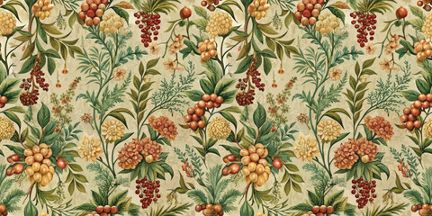  Floral pattern featuring diverse botanical elements in soft earthy tones.