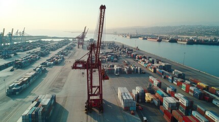 Poster - heavy machinery operation in port freight transport aerial view industrial environment logistics con
