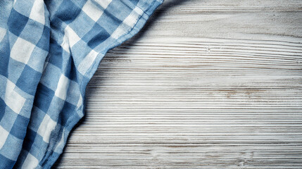 Fototapete - Blue and white checkered cloth draped on white wood background, showcasing ample free space ideal for text or product placement. Simple, rustic design suitable for various applications
