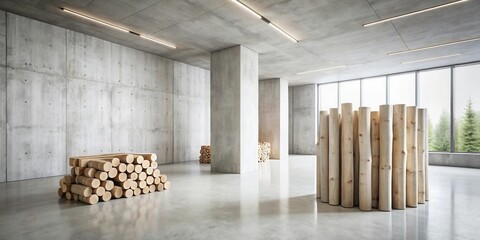 Aufkleber - Modern minimalist interior design showcasing natural wood elements against a concrete backdrop