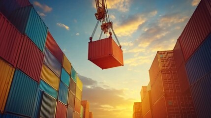 Poster - cargo crane operation at shipping port industrial scene sunset aerial view logistics in action