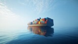 Cargo ship transporting containers across calm waters ocean environment aerial viewpoint trade concept
