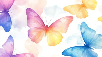 Poster - Colorful butterflies in flight over a soft watercolor background nature artwork tranquil environment close-up view beauty in nature
