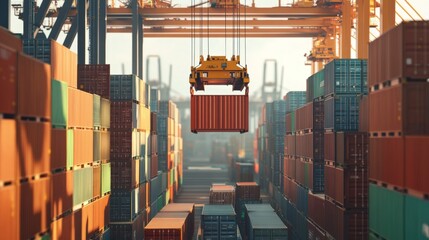 Poster - Container loading operation shipping yard industrial activity urban environment aerial view logistics efficiency