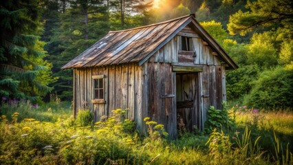Poster - Rustic Wooden Cabin in a Sunlit Meadow, Surrounded by Lush Greenery and Wildflowers, Evoking a Sense of Tranquility and Nostalgia