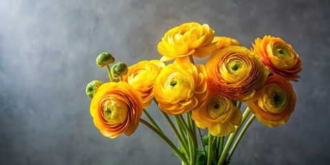 Poster - A vibrant bouquet of golden buttercup flowers against a neutral gray backdrop