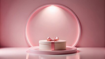 Fototapete - A Pink Cylindrical Gift Box with a Delicate Bow on a Circular Pedestal in a Softly Lit Studio Setting
