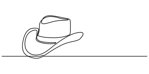 Poster - Cowboy hat continuous one line drawing vector illustration. Premium vector, Continuous cowboy hat one line drawing minimalism design isolated on white background, Editable outline pro concept.