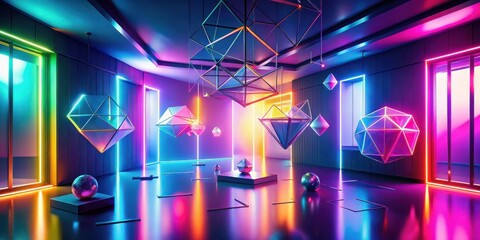 Aufkleber - Vibrant Neon Lights Illuminate a Modern Interior with Geometric Sculptures and Reflective Surfaces