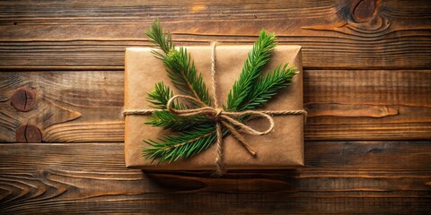 Poster - Rustic Gift Wrapped in Kraft Paper Adorned with Evergreen Sprigs on Wooden Surface