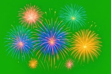 beautiful multicolored fireworks exploding symmetrically against vibrant green screen background, hi