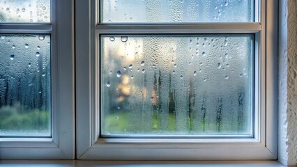 Poster - Condensation on Window Pane A Close-Up View of Moisture Accumulation on Glass