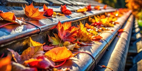 Aufkleber - Autumn Leaves Adorn Rooftop Gutter System A Close-Up View of Vibrant Fall Foliage Resting on a Home's Exterior Drainage System