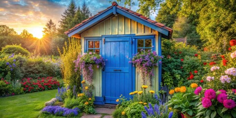 Poster - Serene Sunset Garden Shed with Vibrant Blooming Flowers and Lush Greenery