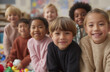 © BrightSpace - group of happy, multiethnic children in kindergarten classroom, smiling and playing together, creating joyful and inclusive atmosphere