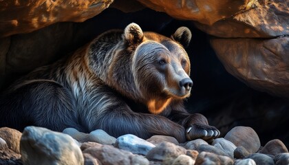 brown bear cub under the stone