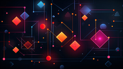 Fototapete - Geometric shapes on a dark, black background with neon glow, ideal for futuristic tech displays.

