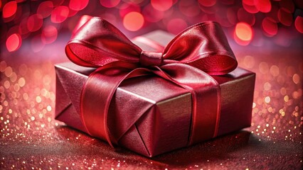 Poster - A Luxurious Crimson Gift Box Adorned with a Sumptuous Satin Bow, Resting on a Sparkling Red Surface