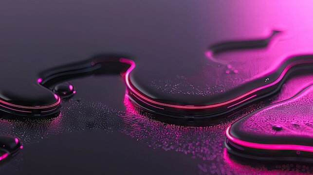 Liquid forms with neon pink outlines on a dark reflective surface
