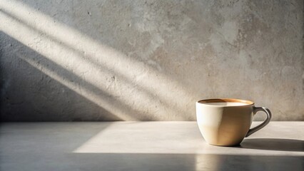 Fototapete - A single, light beige ceramic mug sits on a smooth surface, bathed in the warm glow of sunlight streaming through a window, casting long shadows against a textured wall.