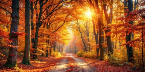 Poster - Golden Sunlight Illuminates Autumnal Forest Path, Creating a Picturesque Scene of Vibrant Colors and Tranquil Atmosphere