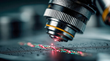Poster - Close-up of a microscope scanning a glowing DNA strand with laser precision in a laboratory setting