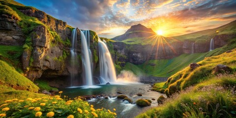 Poster - Golden Hour Waterfall Cascading Down Verdant Cliffs, Sun Rays Illuminating Lush Meadows and Dandelions