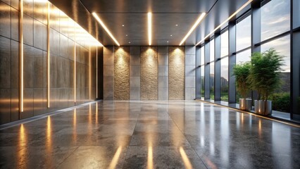 Poster - Modern Interior Design Sleek Hallway with Polished Floor and Textured Walls, Illuminated by Linear Lighting and Natural Light from Large Windows