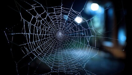 Close-up of a dew-covered spiderweb glistening against a blurred night background.