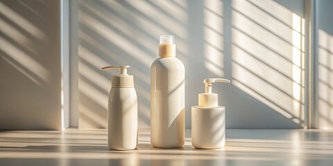 Poster - sunlit minimalist bathroom product display three elegant cream-colored bottles with dispensers, cast