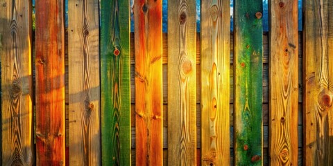 Aufkleber - Vibrant Wooden Fence Planks in Warm Sunset Hues Displaying Rich Textures and Diverse Colors