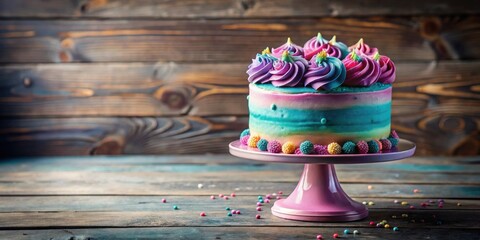 Poster - A whimsical pastel rainbow layer cake adorned with vibrant frosting swirls and colorful candy, elegantly displayed on a pink cake stand against a rustic wooden backdrop.
