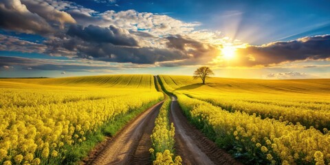 Poster - serene sunset over rolling yellow fields and dirt road